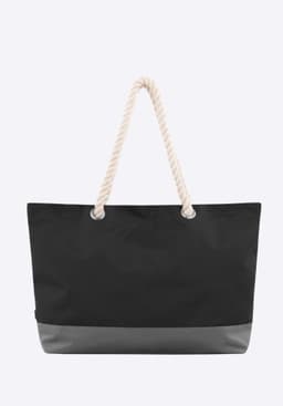 A large black bag with a grey base and a rope handle. It features a logo on the side.