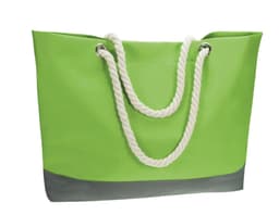 A large green tote bag with a grey bottom and white rope handles. The bag features a branding logo.
