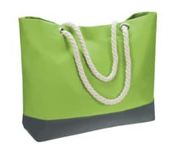 A green tote bag with a grey bottom and white rope handles. The bag has a branding logo on it.
