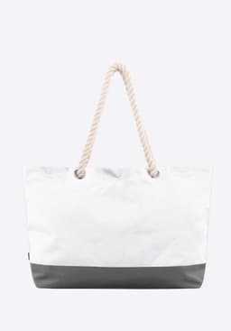 A large white and grey tote bag with rope handles and a branding logo.