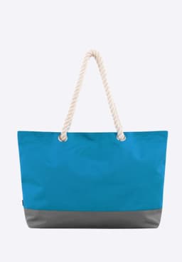 A turquoise tote bag with a grey bottom and white rope handles. It features a branding logo.