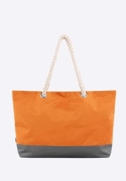 An orange tote bag with a grey bottom and rope handles, featuring eyelets for the handles.