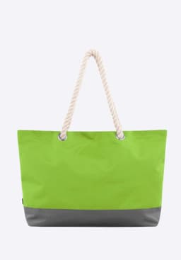 A green tote bag with a grey base and rope handles, featuring a logo on one side.