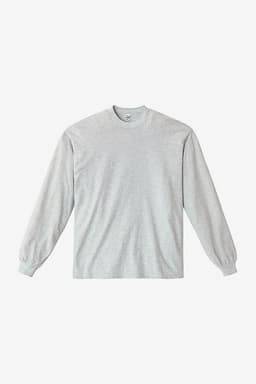A light grey long sleeve crewneck tee featuring a simple design and elastic cuffs. It has a logo on the label.