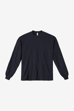 A long sleeve crewneck tee in black with a logo on the label. Lightweight fabric and relaxed fit.
