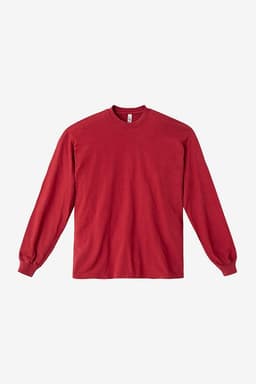 A red long sleeve crewneck tee with a casual fit and fitted cuffs, featuring a logo on the label.