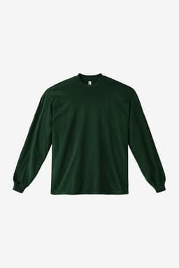 A long sleeve crewneck tee in dark green, featuring a relaxed fit and a branding logo.