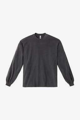 A long sleeve crewneck tee in a dark grey hue with a ribbed neckline and cuffs, featuring a logo.