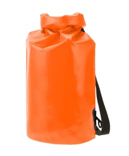 An orange dry bag with a roll-top closure and a black shoulder strap, featuring a logo.