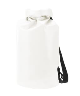 A white dry bag with a black shoulder strap and a roll-top closure. It features a logo on the side.