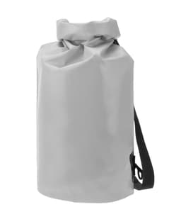 A grey dry bag with a roll-top closure and an adjustable shoulder strap. It features a logo on the side.