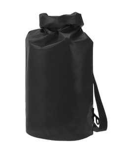 A black dry bag with a fold-over top and an adjustable strap, featuring a logo.