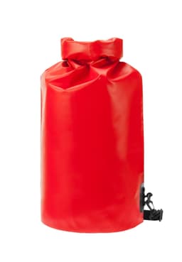 A red dry bag with a roll-top closure and a clip. It features a small logo on the side.