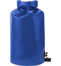 A blue dry bag with a roll-top closure and a clip fastener, featuring a logo.