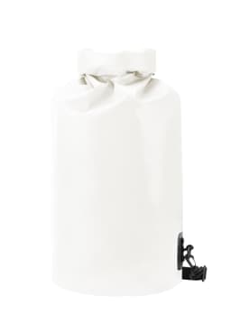 A white dry bag with a roll-top closure and a black buckle strap. It features a logo on the side.