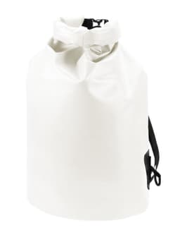 A white dry bag with a black strap, featuring a closure at the top and a logo on the side.