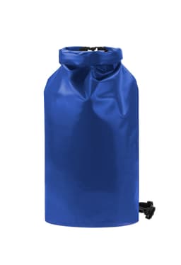 A blue dry bag with a roll-top closure and black strap, featuring a simple design and a logo.