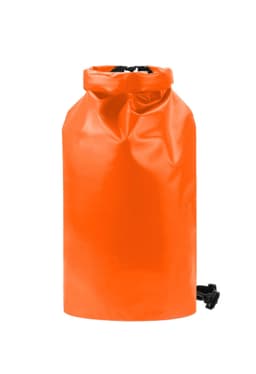 An orange dry bag with a roll-top closure and a black strap. It features a logo.
