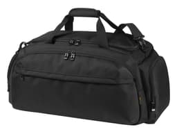 A black duffle bag featuring multiple zip compartments and sturdy carry handles, with a logo on the side.
