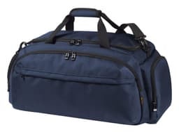 A navy blue duffle bag with multiple zippered compartments and short handles, featuring a shoulder strap.