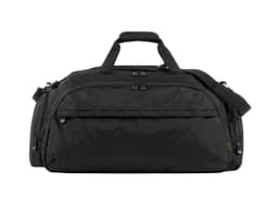 A black duffle bag with dual handles, a shoulder strap, and multiple zippered compartments. It features a logo.