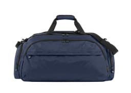 A navy duffle bag with multiple zippered compartments and dual handles, featuring an adjustable shoulder strap and a logo.