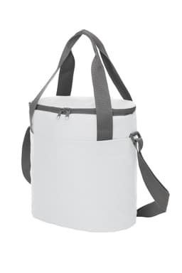 A white cooler bag with grey straps and a zippered top, featuring a simple design. It includes a logo.
