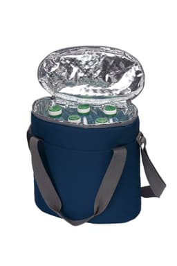 A cooler bag in navy blue with a silver insulated interior and filled with drink bottles. It features a grey strap and has a logo.
