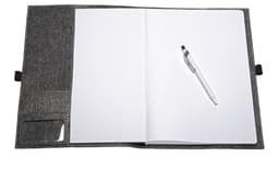 A grey felt compendium with an open notebook and a pen, featuring a pocket on the side.