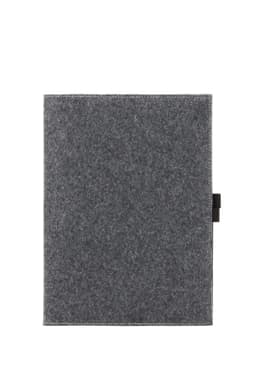 A grey felt cover with a simple design, featuring a clasp and incorporating a logo.