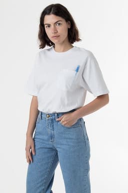 A white short sleeve pocket tee with a casual fit, featuring a branding logo and styled with high-waisted jeans.