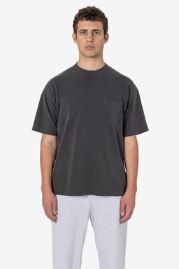 A grey short sleeve t-shirt with a pocket, featuring a relaxed fit and a logo.