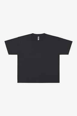 A black wide tee with a relaxed fit and short sleeves, featuring a label inside the collar.