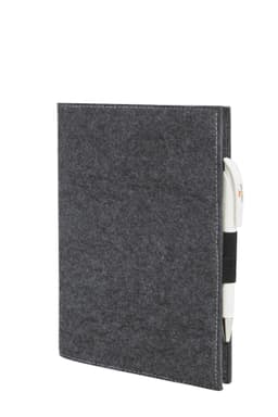 A grey felt cover portfolio with a pen holder. The portfolio has a simple design and includes a logo.