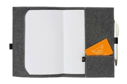 A grey felt cover with a blank notepad, a card pocket, and a pen holder. It features an attached logo.