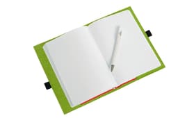 A green felt cover compendium with an open notebook and a pen resting on the pages.