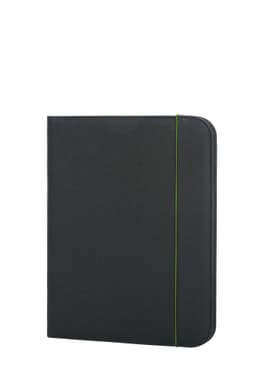 A black conference folder with a green elastic loop, featuring a smooth finish and a rounded edge.