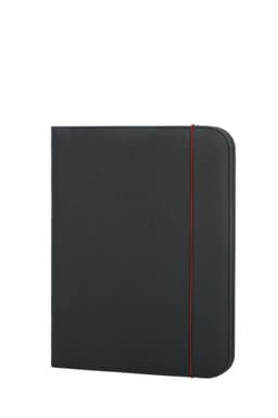 A black conference folder with a red elastic band, featuring a sleek, professional design and a logo.