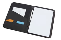 A black conference folder featuring pockets for cards, sticky notes, a pen, and a pad of dotted paper.