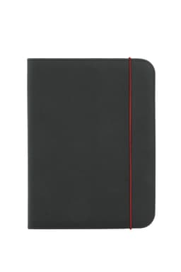 A dark grey conference folder with a red elastic band, featuring a logo on the front cover.