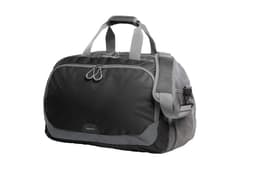 A black and grey duffle bag with dual handles, a shoulder strap, and a front pocket, featuring a logo.