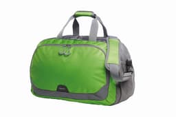 A green and grey duffle bag with a zippered main compartment and adjustable shoulder strap. Features a logo.