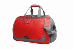 A red and grey duffle bag with dual handles, a shoulder strap, and a front zippered pocket.