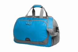 A duffle bag in vibrant blue and grey with handles and a detachable shoulder strap, featuring a logo.