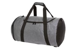 A grey duffel bag with black straps and a zippered compartment. The bag has a logo.