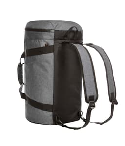 A multi-functional bag featuring a grey exterior with black accents and adjustable straps for carrying.