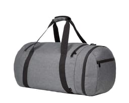 A grey duffle bag with black straps and zippers, featuring a rounded shape and spacious exterior.