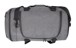 A grey multi bag featuring shoulder straps and side handles, with a front pocket and a logo.