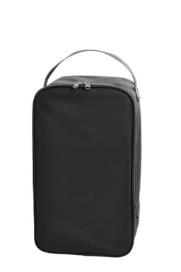 A black shoe bag with a zip closure and a carrying handle. It features a simple, sleek design.