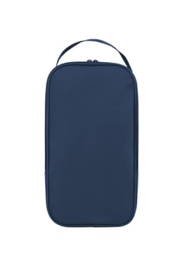 A blue shoe bag with a zip closure and carry handle, featuring a simple design and a logo.